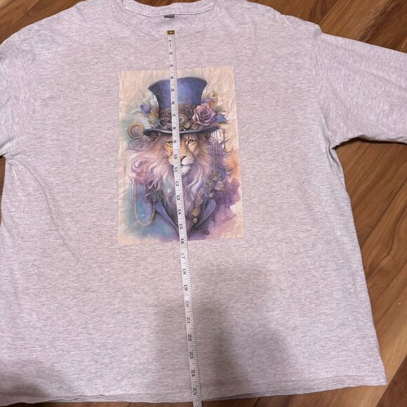 Steampunk Lion Graphic Tee 2XL Gray Fantasy Art Top Hat Roses - Picture 9 of 16